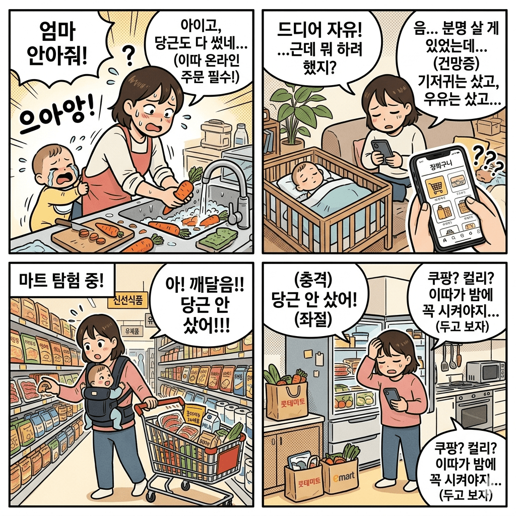 마트에서 살 게 생각났는데 잊어버리는 상황을 묘사한 4컷 만화