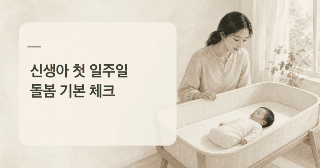 신생아 첫 일주일 돌봄: 보호자가 안전한 아기 침대의 신생아를 차분히 살피는 모습